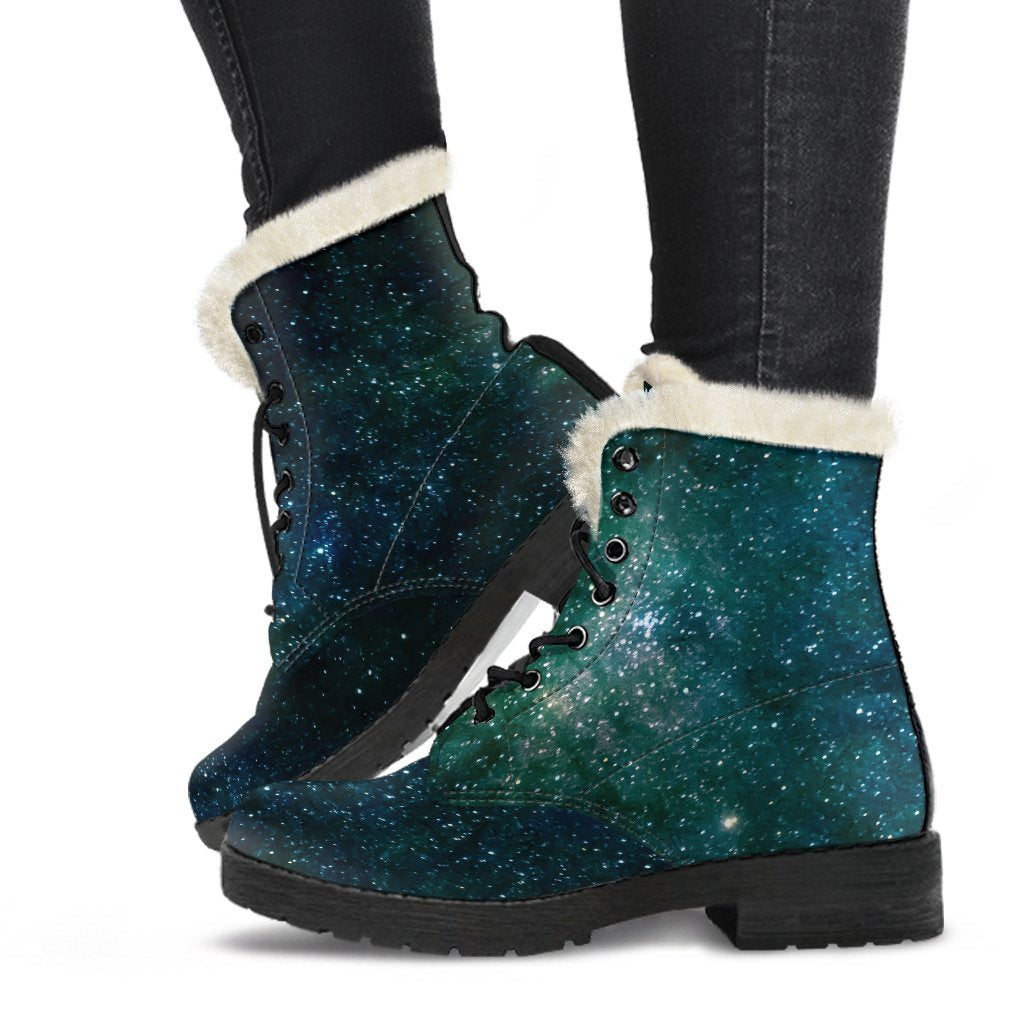 Dark Green Galaxy Space Print Faux Fur Leather Boots