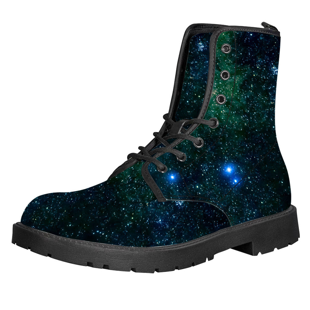 Dark Green Galaxy Space Print Leather Boots