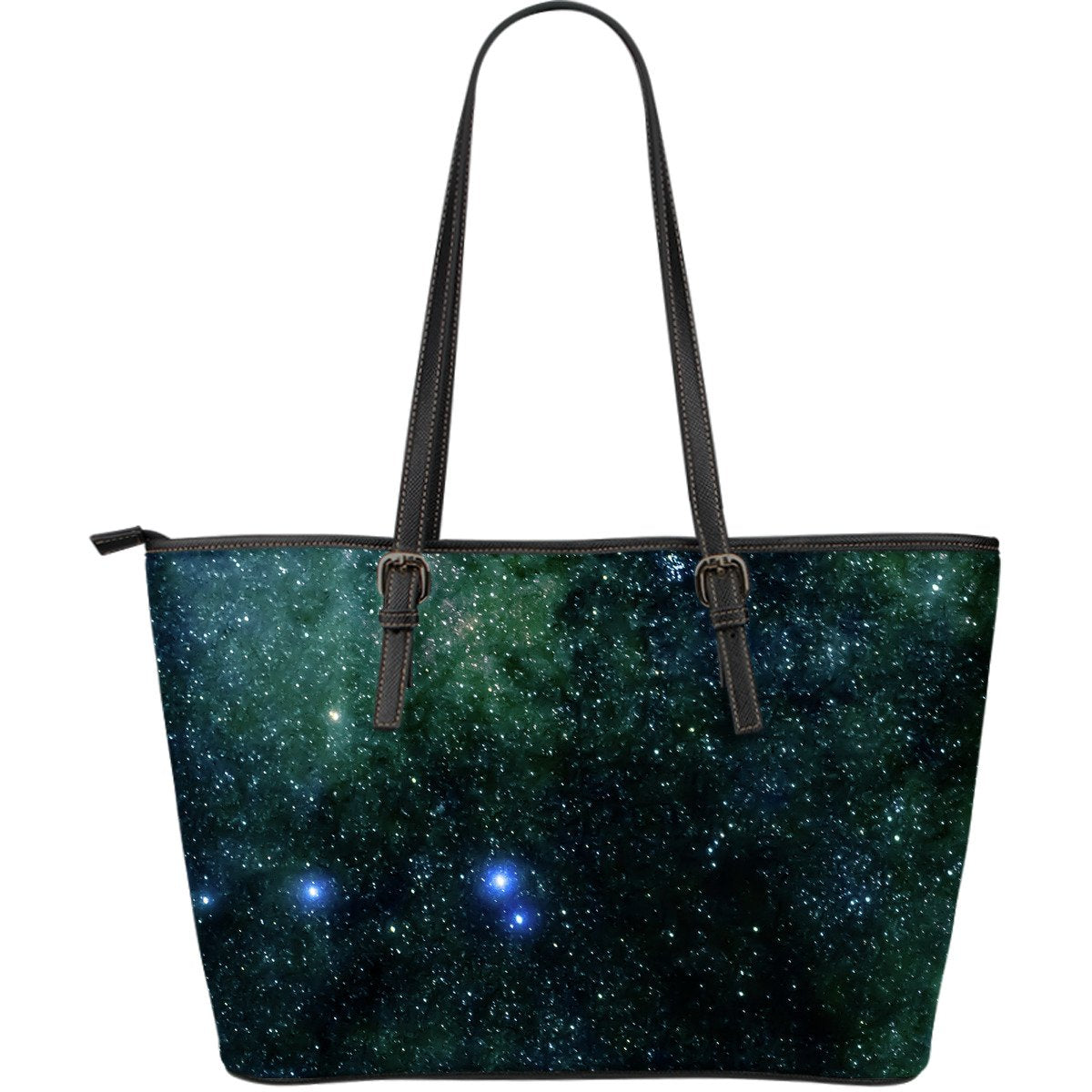 Dark Green Galaxy Space Print Leather Tote Bag