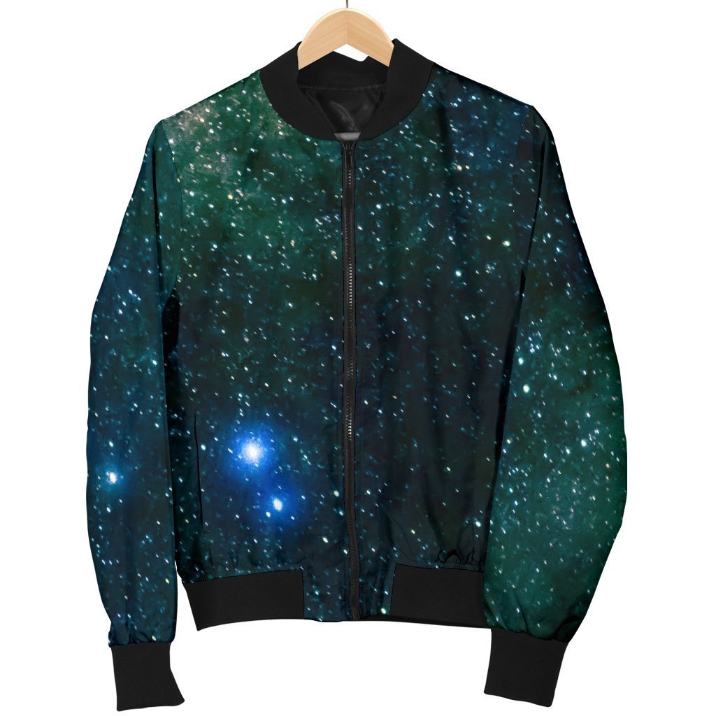 Dark Green Galaxy Space Print Men's Bomber Jacket