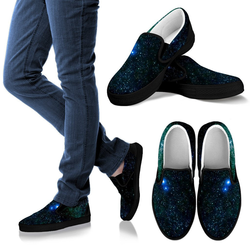 Dark Green Galaxy Space Print Men's Slip On Shoes