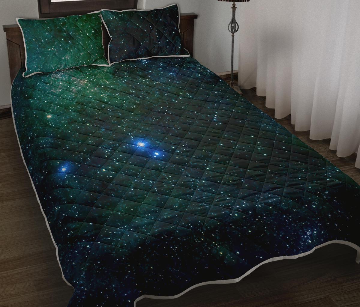 Dark Green Galaxy Space Print Quilt Bed Set