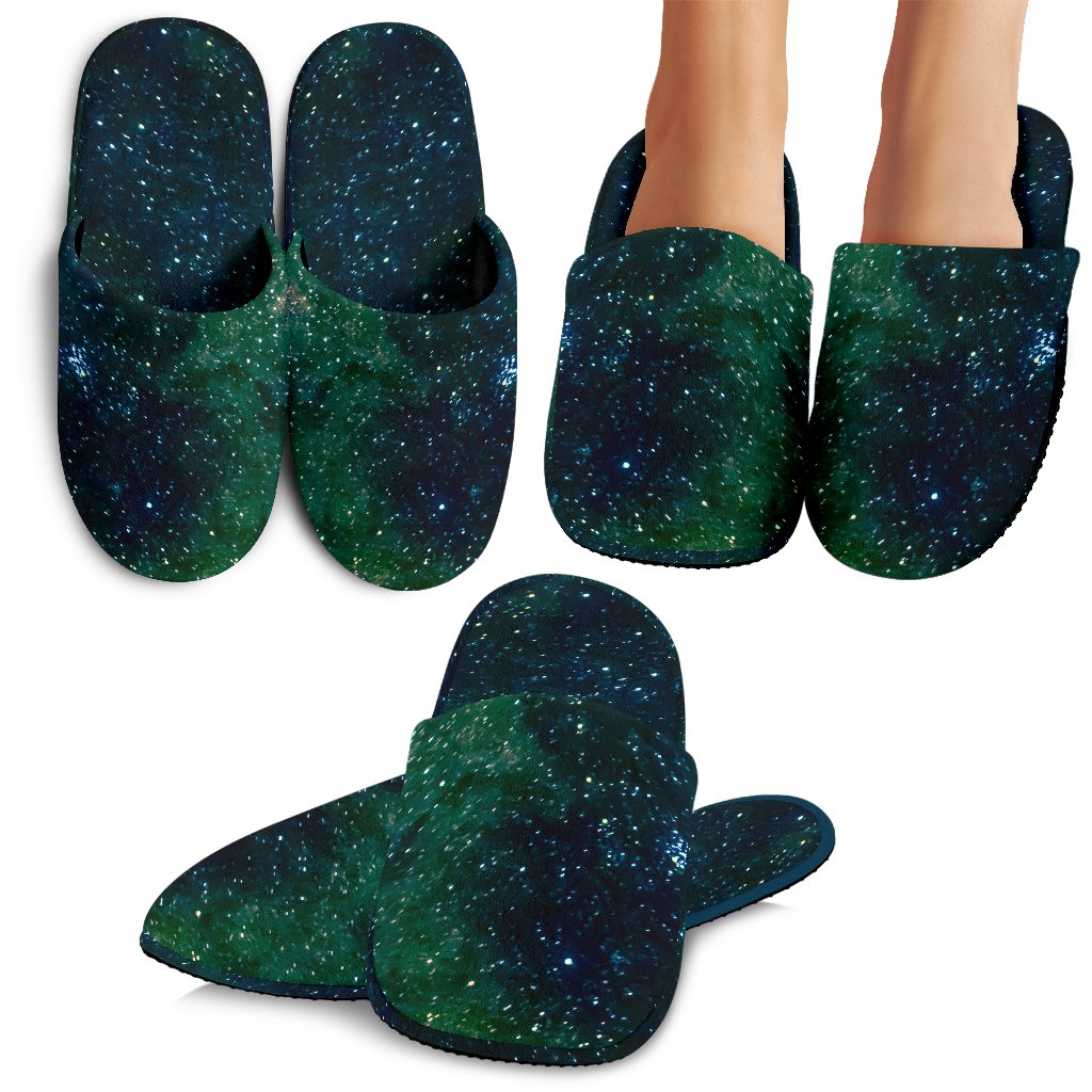 Dark Green Galaxy Space Print Slippers