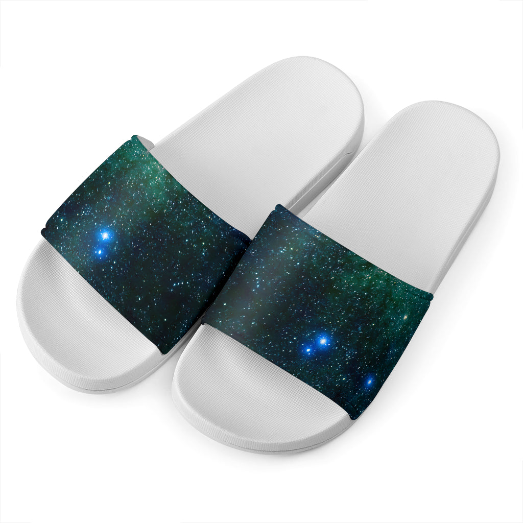 Dark Green Galaxy Space Print White Slide Sandals