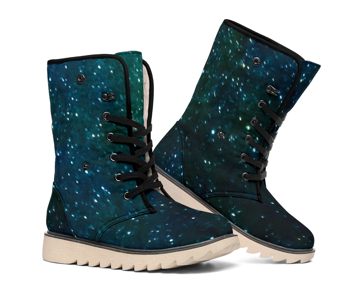 Dark Green Galaxy Space Print Winter Boots