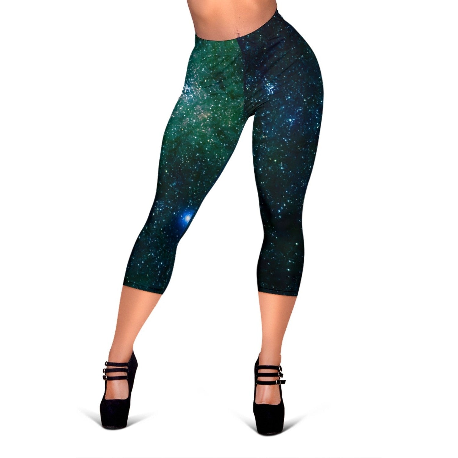 Dark Green Galaxy Space Print Women's Capri Leggings