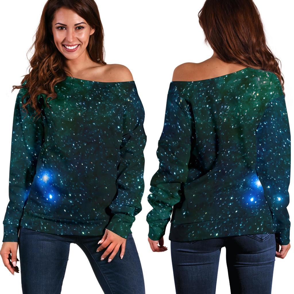 Dark Green Galaxy Space Print Women's Off-Shoulder Sweatshirt