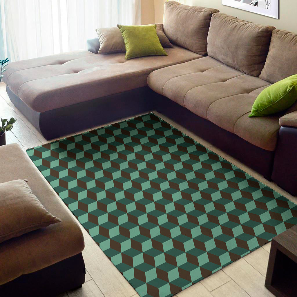 Dark Green Geometric Cube Pattern Print Area Rug