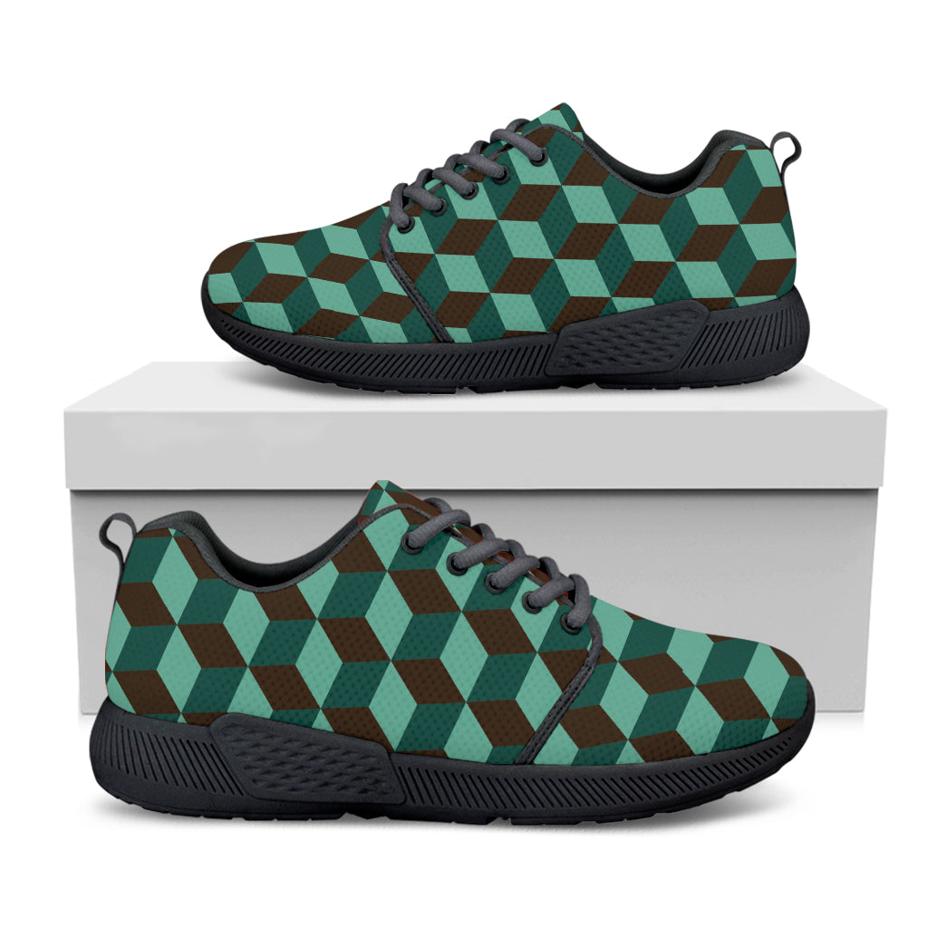 Dark Green Geometric Cube Pattern Print Black Athletic Shoes