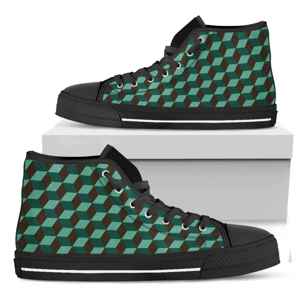 Dark Green Geometric Cube Pattern Print Black High Top Shoes