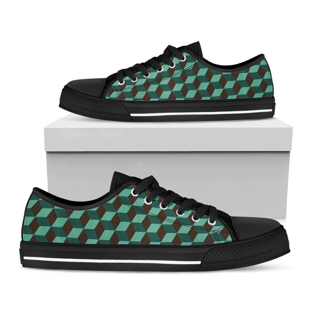 Dark Green Geometric Cube Pattern Print Black Low Top Shoes