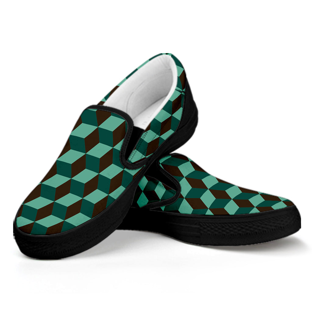 Dark Green Geometric Cube Pattern Print Black Slip On Shoes