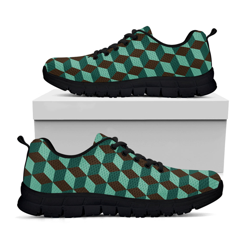 Dark Green Geometric Cube Pattern Print Black Sneakers