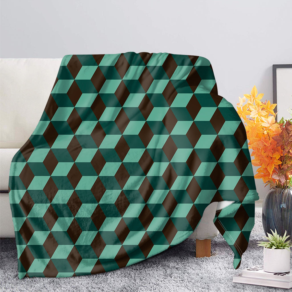 Dark Green Geometric Cube Pattern Print Blanket