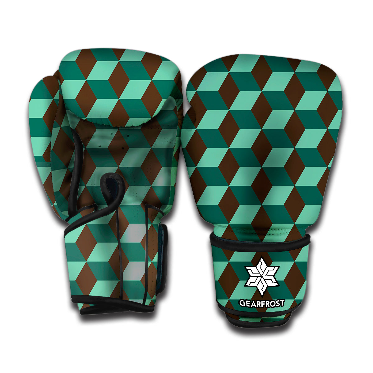 Dark Green Geometric Cube Pattern Print Boxing Gloves