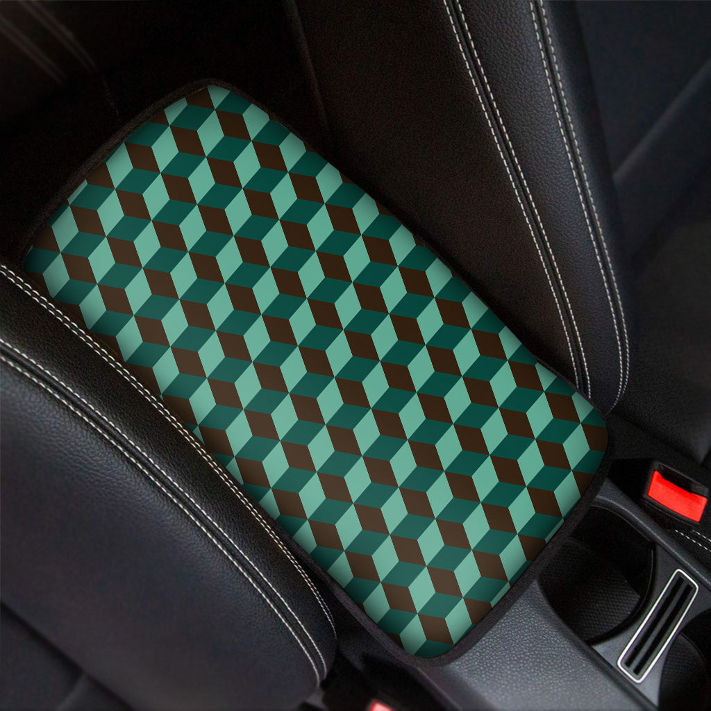 Dark Green Geometric Cube Pattern Print Car Center Console Cover