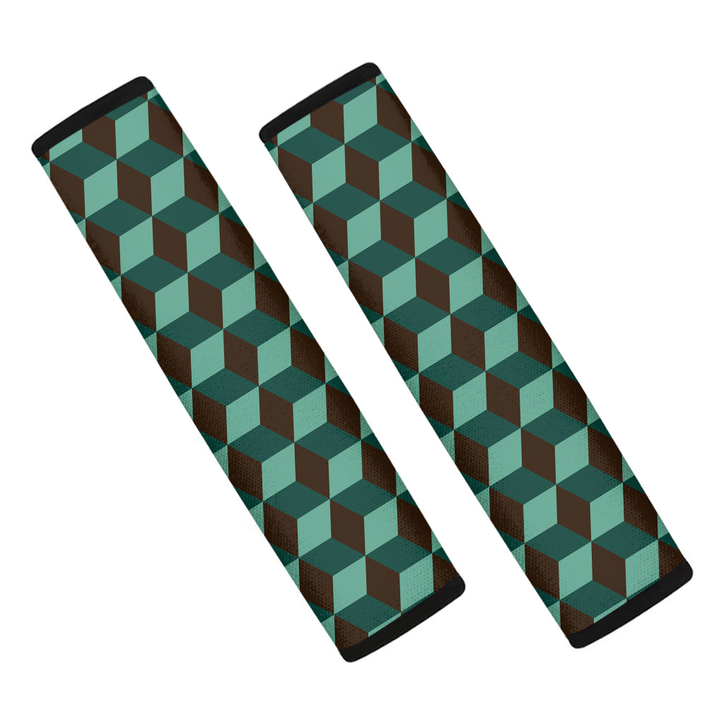 Dark Green Geometric Cube Pattern Print Car Seat Belt Covers