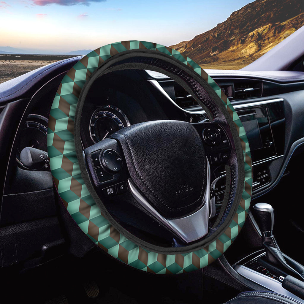 Dark Green Geometric Cube Pattern Print Car Steering Wheel Cover