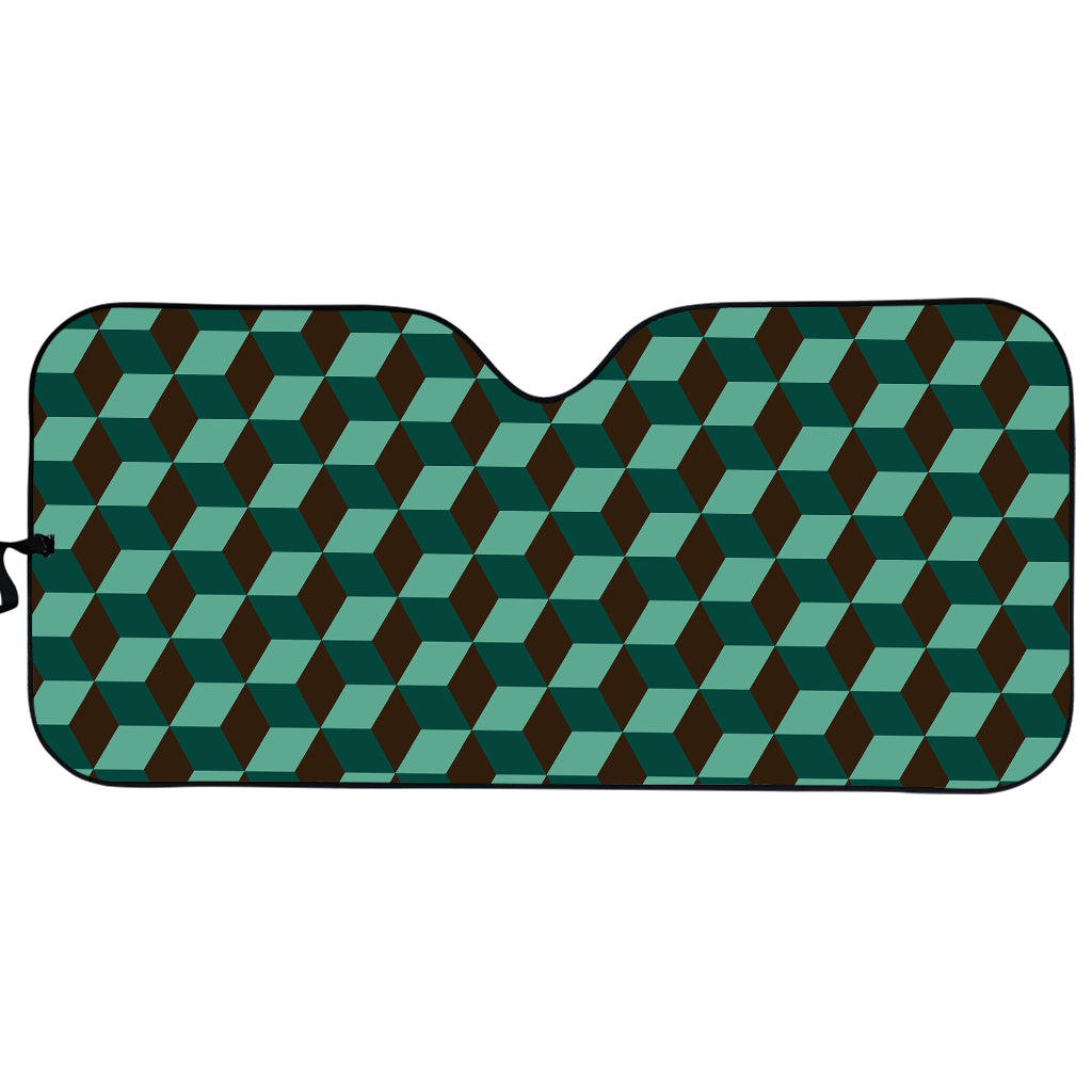 Dark Green Geometric Cube Pattern Print Car Sun Shade