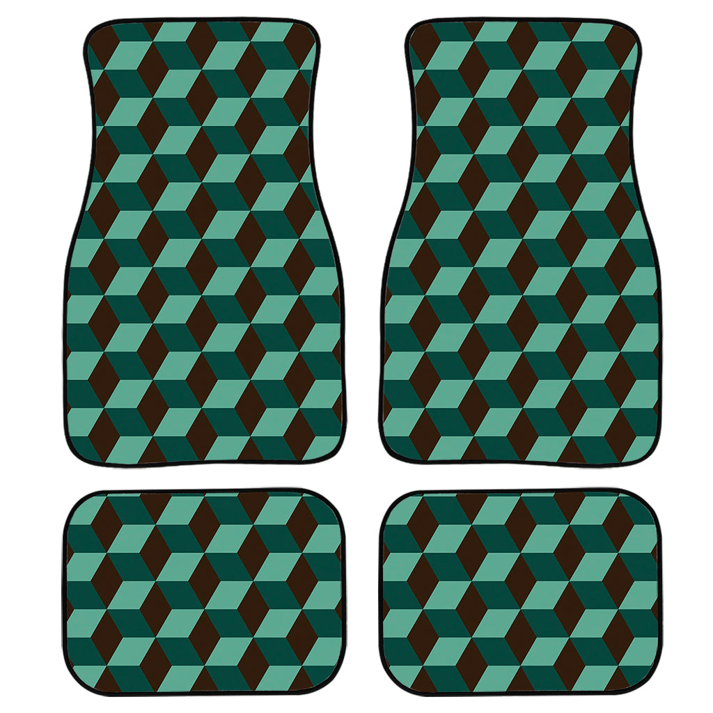 Dark Green Geometric Cube Pattern Print Front and Back Car Floor Mats