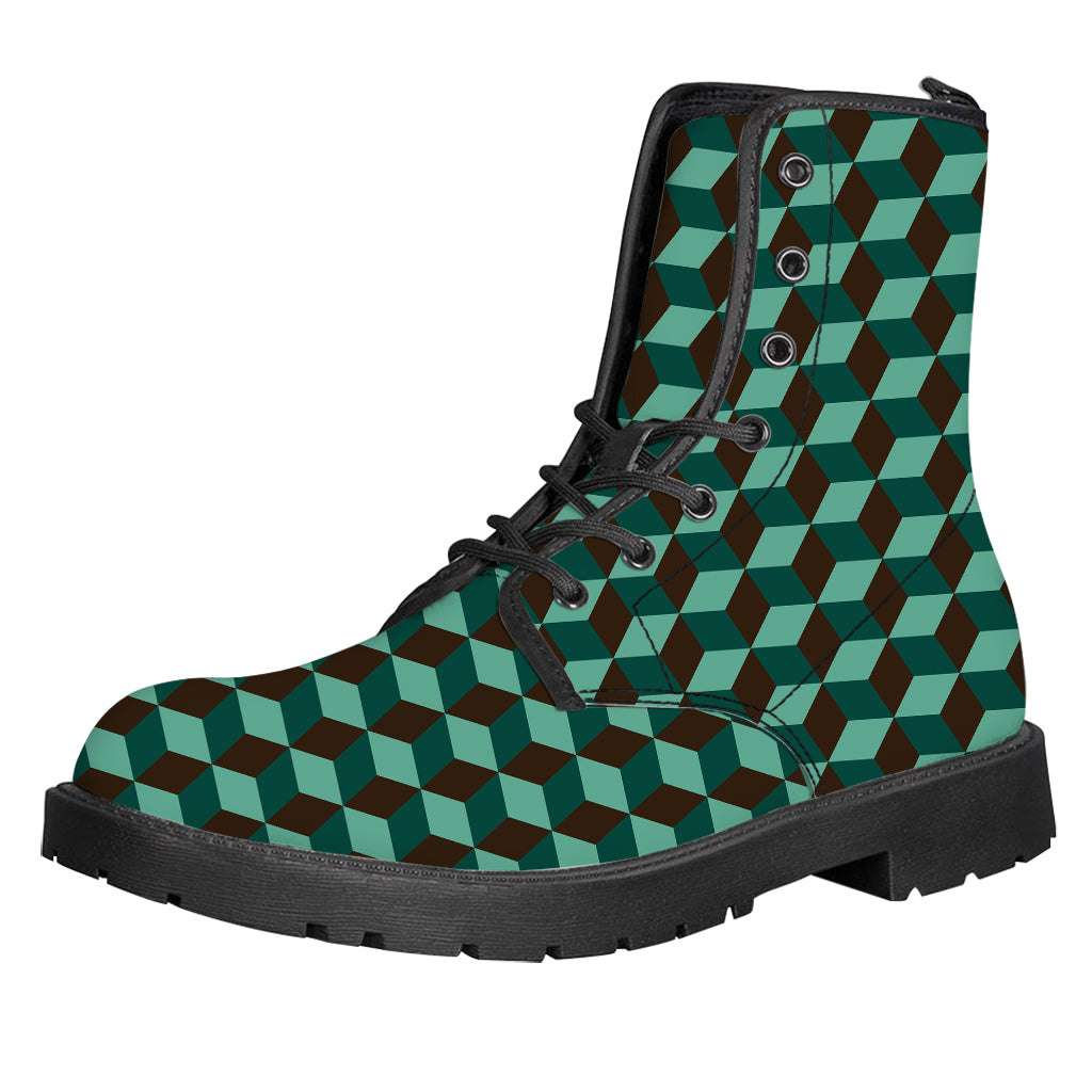 Dark Green Geometric Cube Pattern Print Leather Boots