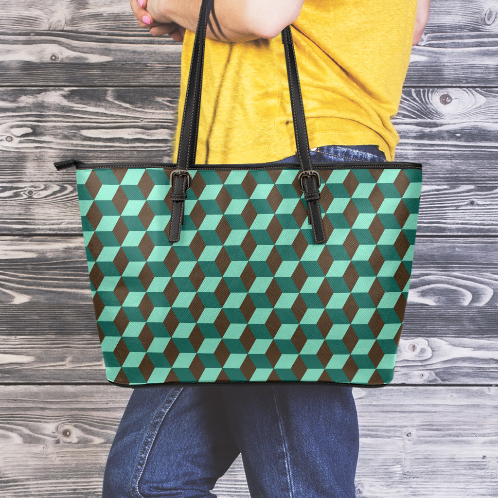 Dark Green Geometric Cube Pattern Print Leather Tote Bag