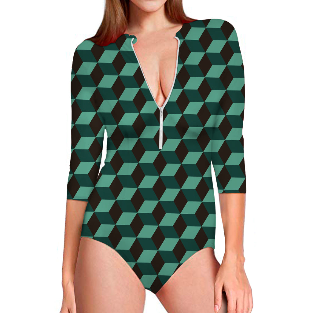 Dark Green Geometric Cube Pattern Print Long Sleeve One Piece Swimsuit