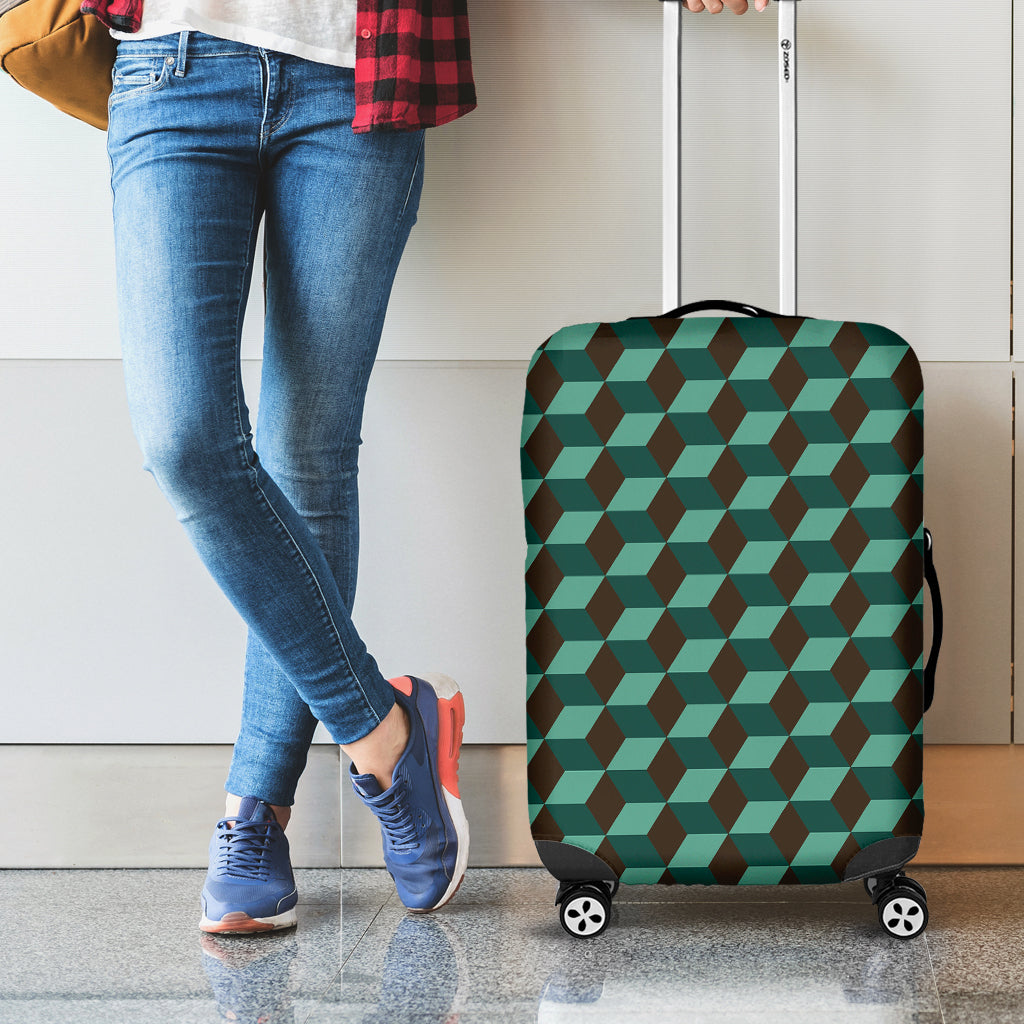 Dark Green Geometric Cube Pattern Print Luggage Cover