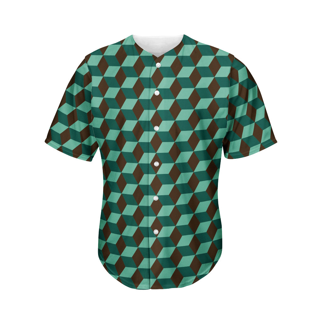 Dark Green Geometric Cube Pattern Print Men's Baseball Jersey