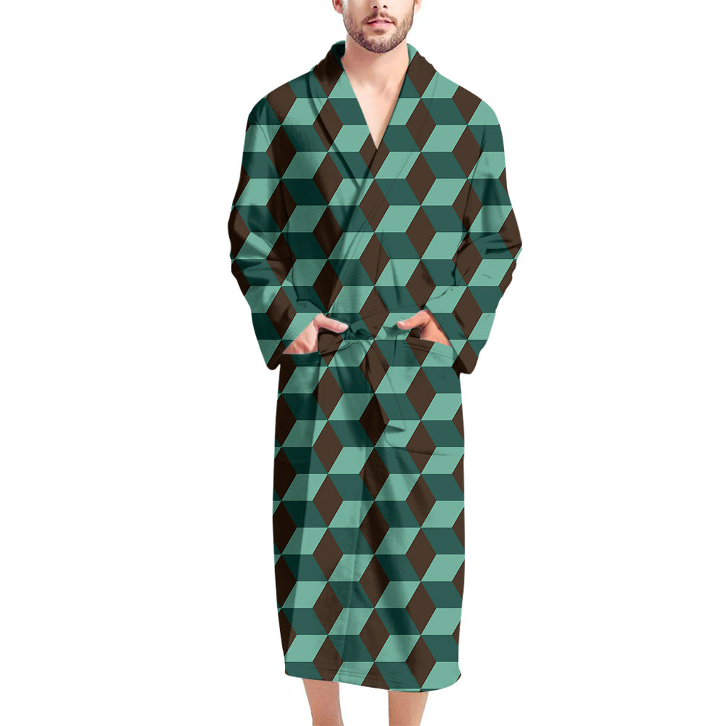 Dark Green Geometric Cube Pattern Print Men's Bathrobe