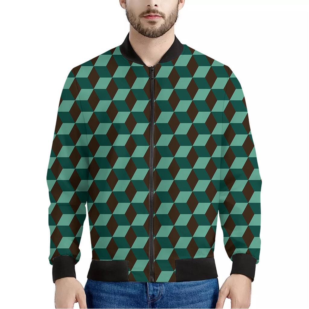 Dark Green Geometric Cube Pattern Print Men's Bomber Jacket