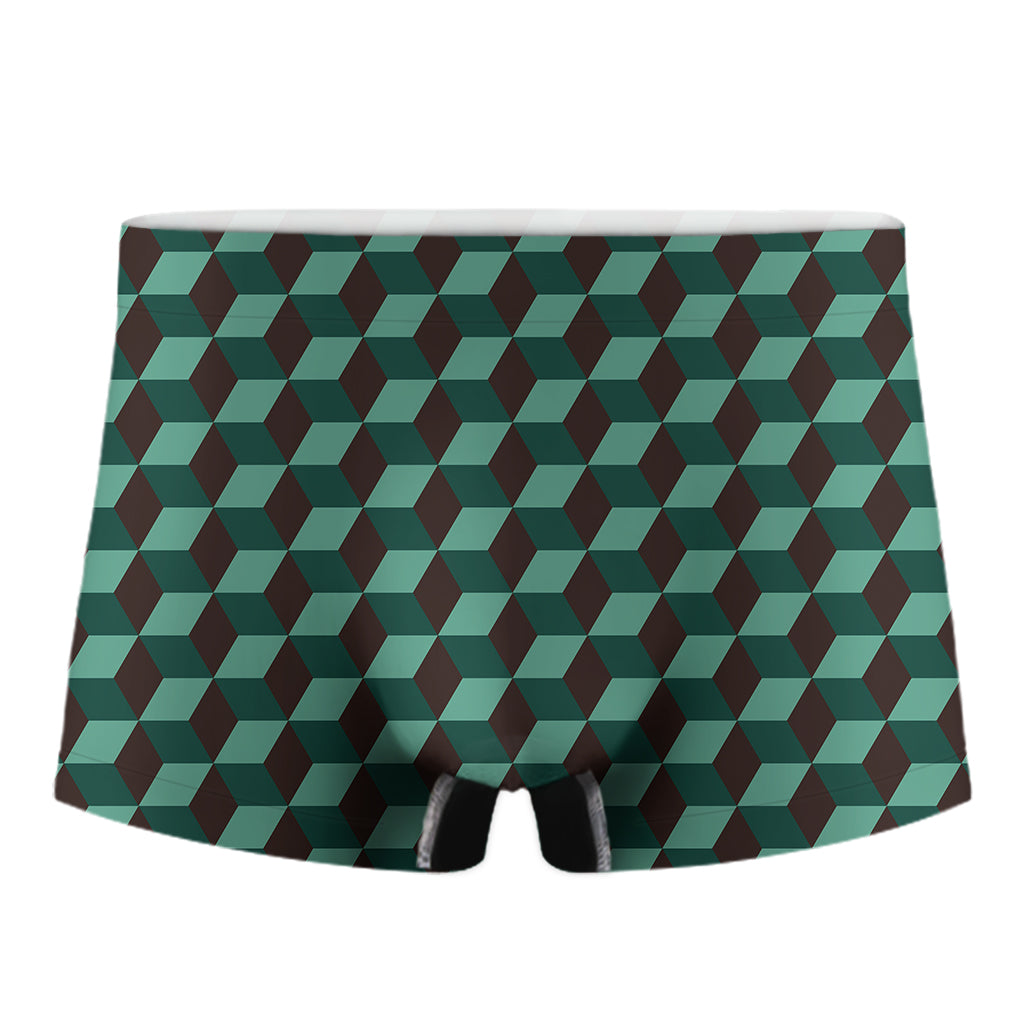 Dark Green Geometric Cube Pattern Print Men's Boxer Briefs