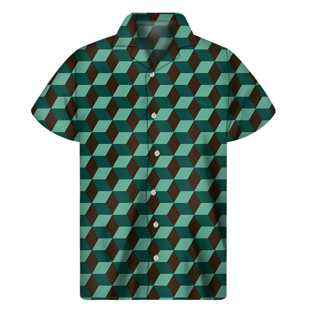 Dark Green Geometric Cube Pattern Print Men's Short Sleeve Shirt