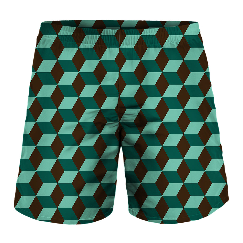 Dark Green Geometric Cube Pattern Print Men's Shorts