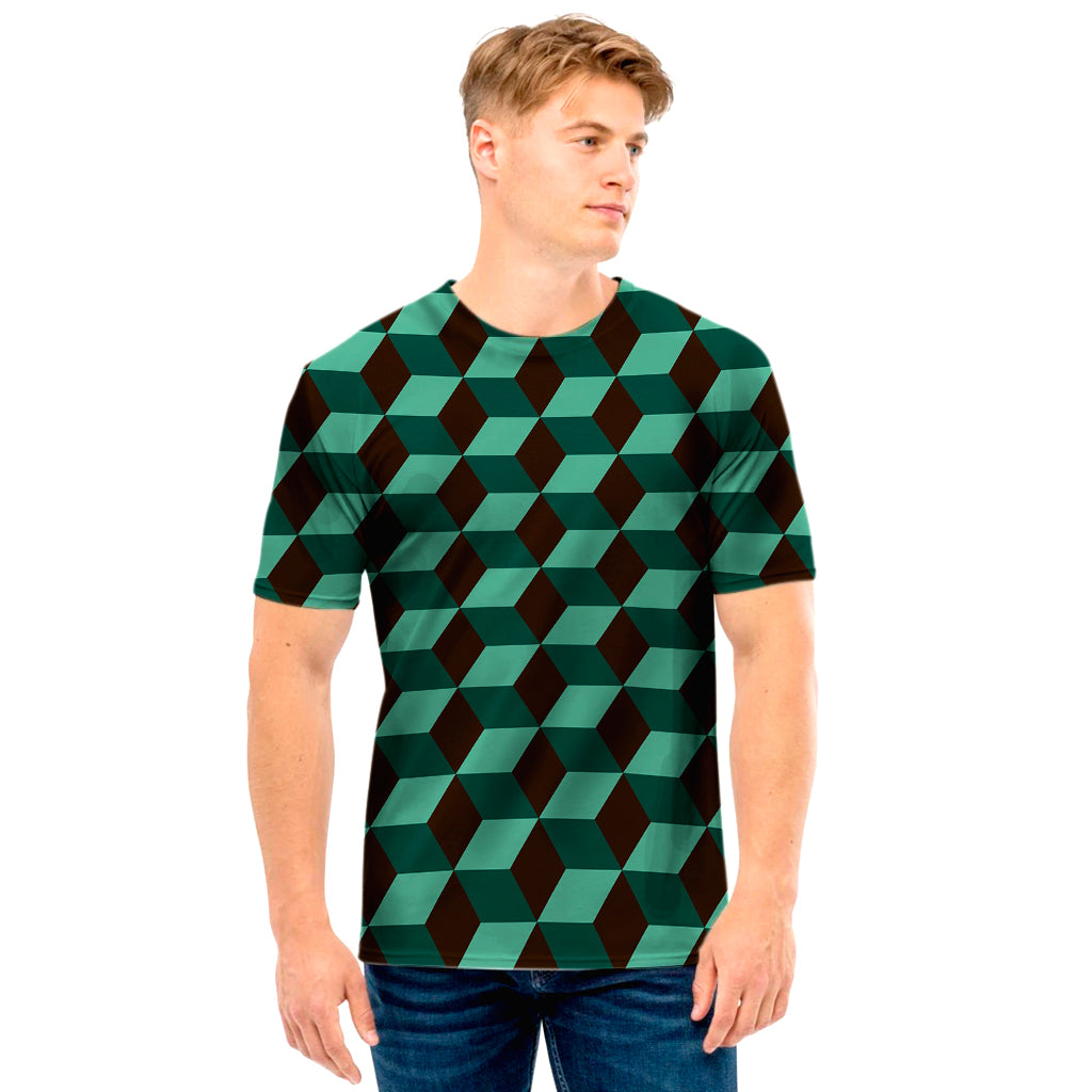 Dark Green Geometric Cube Pattern Print Men's T-Shirt