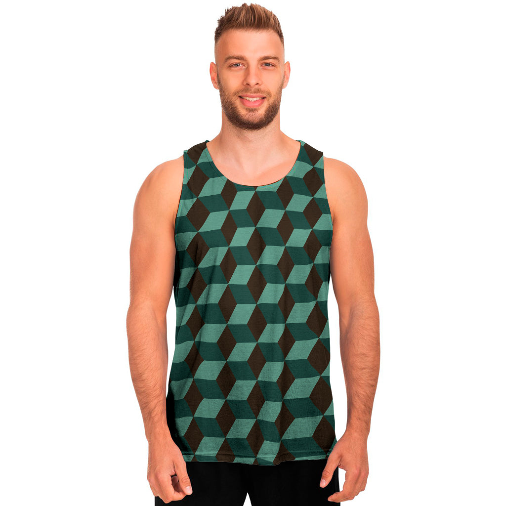 Dark Green Geometric Cube Pattern Print Men's Tank Top