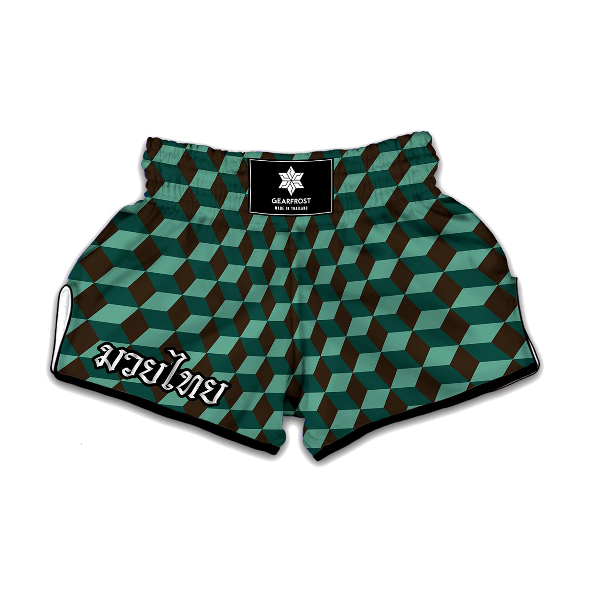 Dark Green Geometric Cube Pattern Print Muay Thai Boxing Shorts