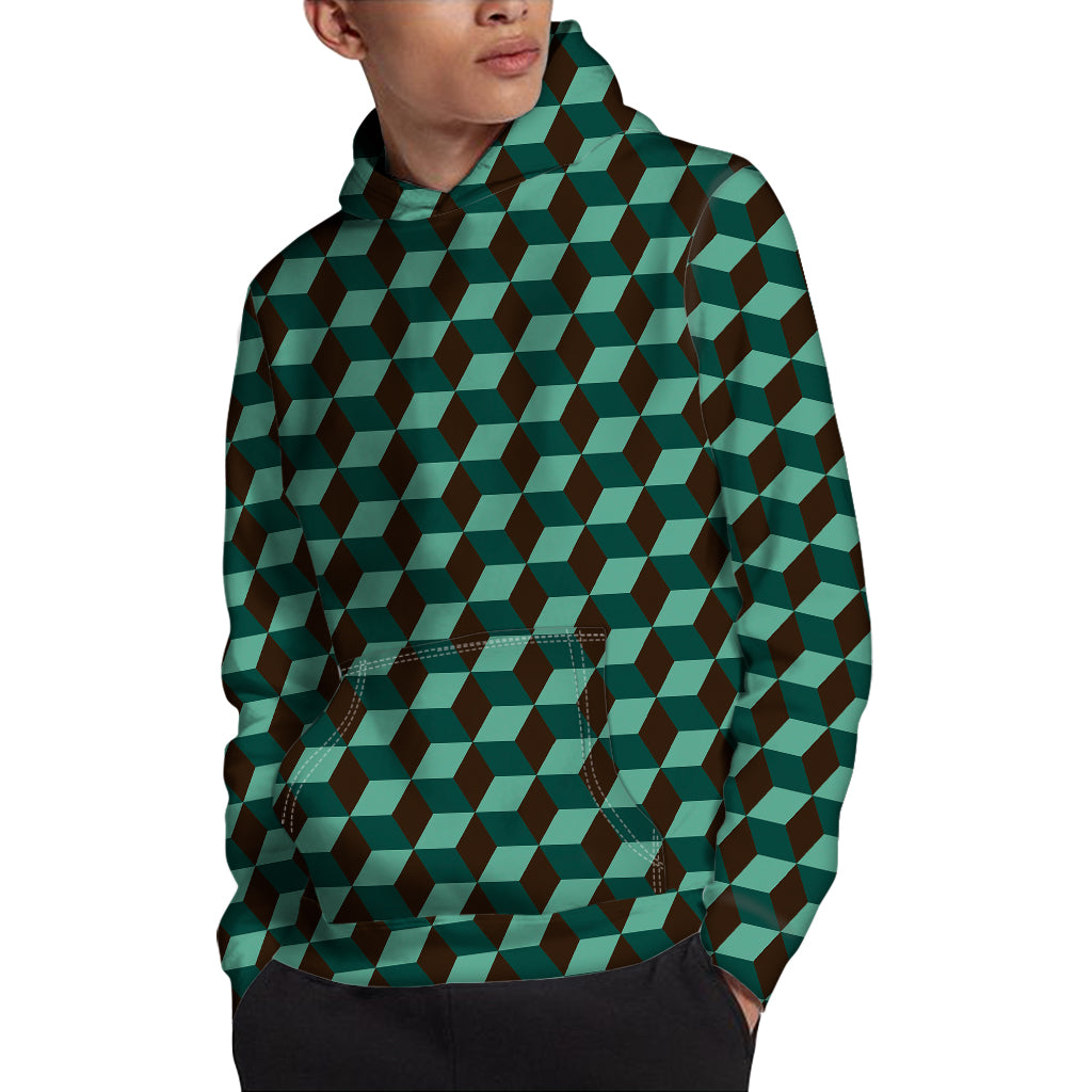 Dark Green Geometric Cube Pattern Print Pullover Hoodie