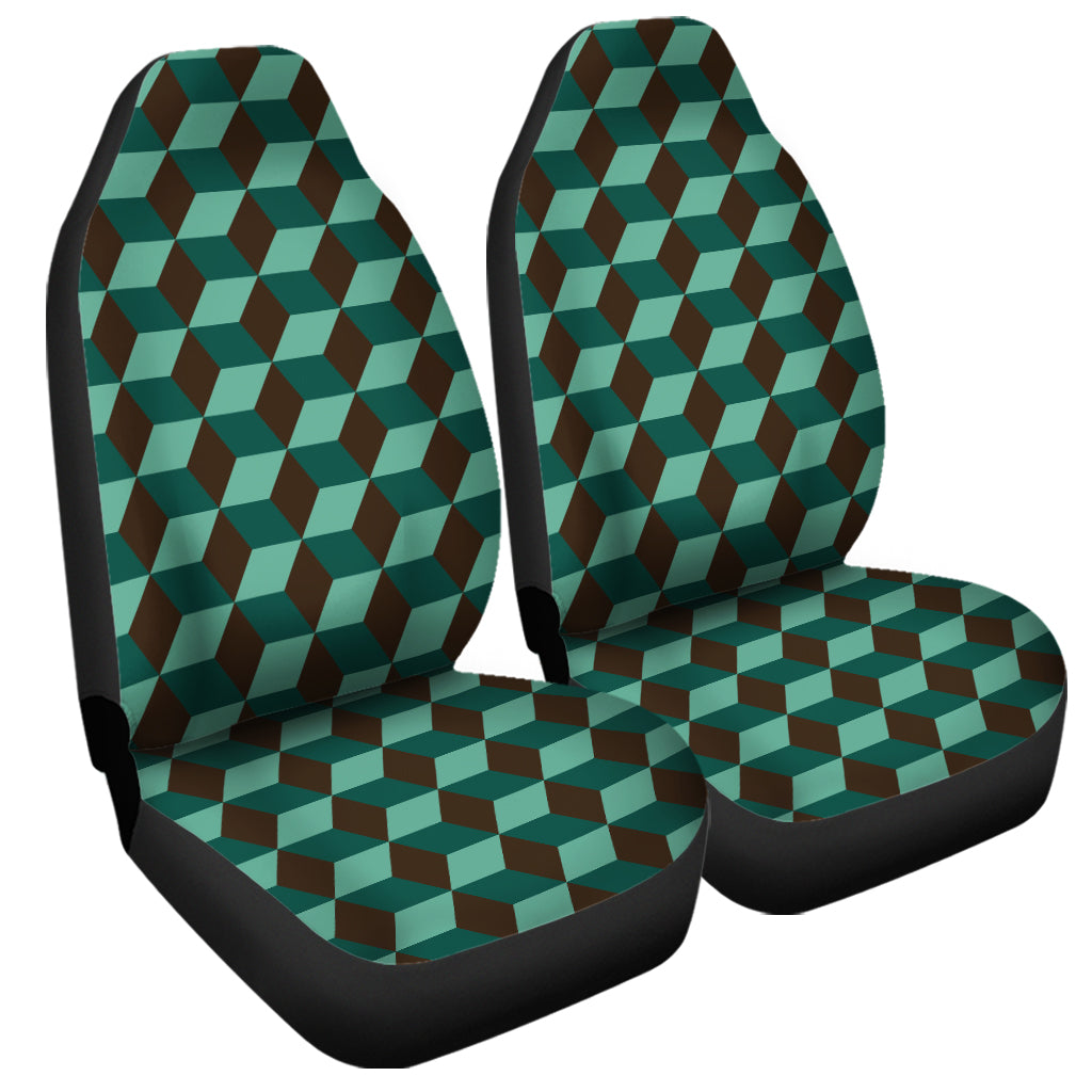 Dark Green Geometric Cube Pattern Print Universal Fit Car Seat Covers