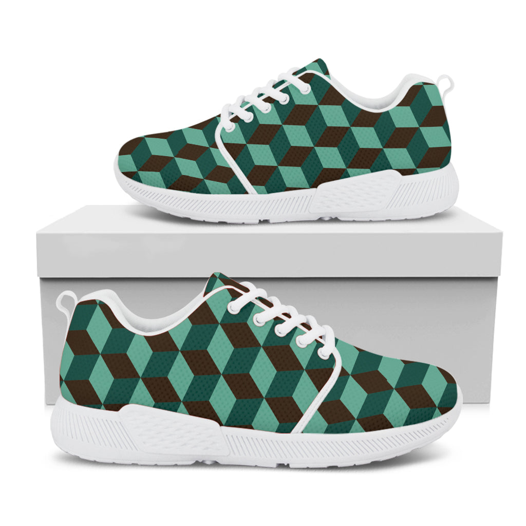 Dark Green Geometric Cube Pattern Print White Athletic Shoes