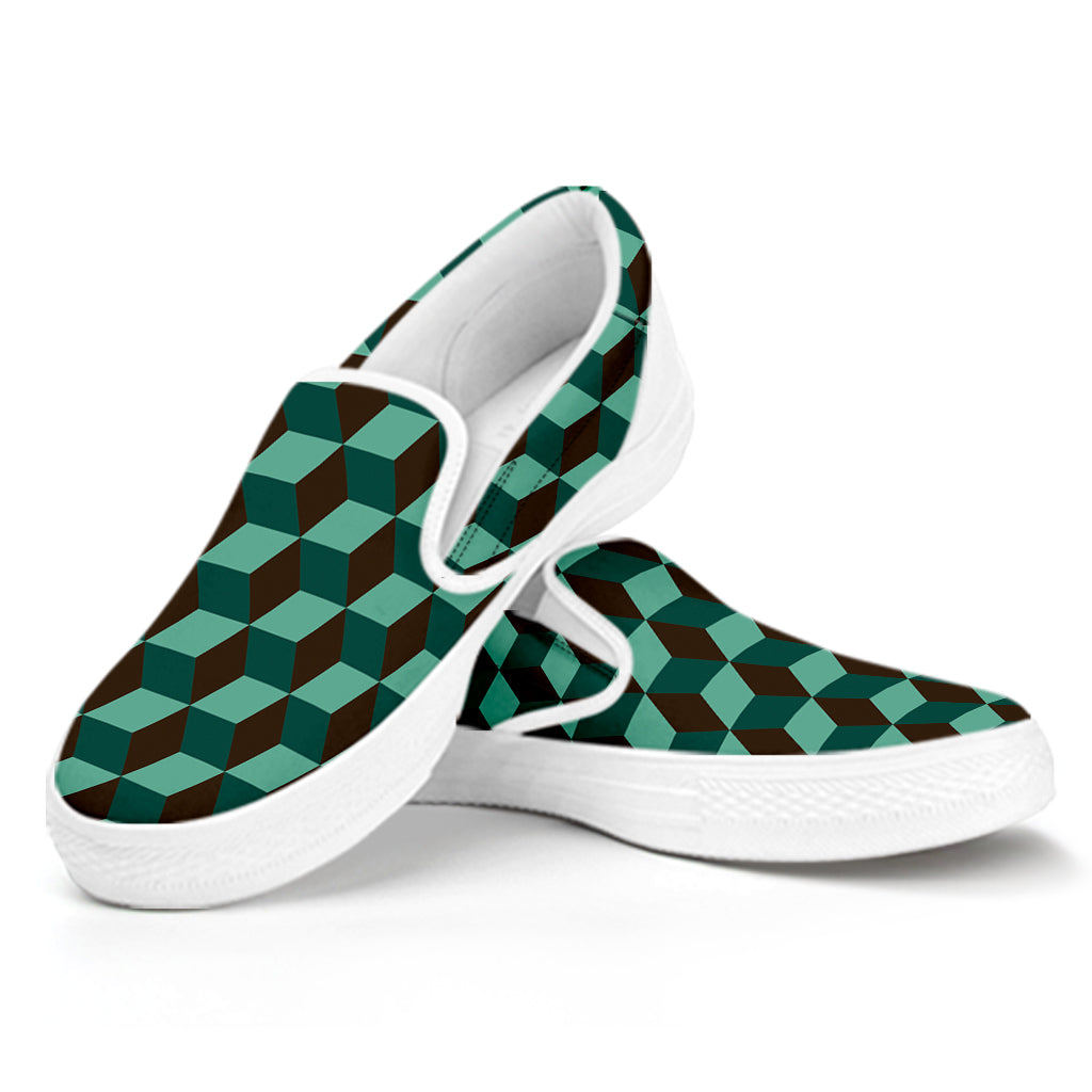 Dark Green Geometric Cube Pattern Print White Slip On Shoes