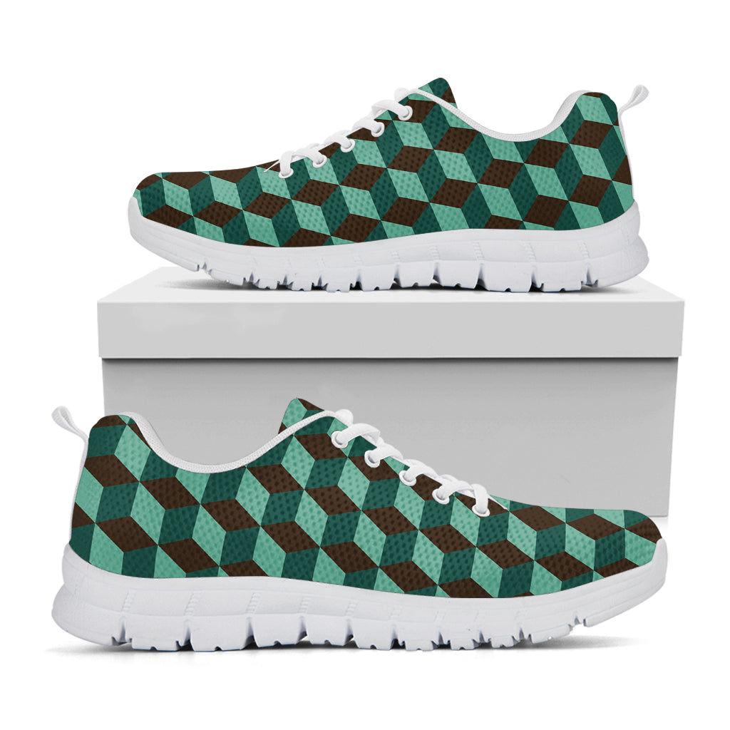 Dark Green Geometric Cube Pattern Print White Sneakers