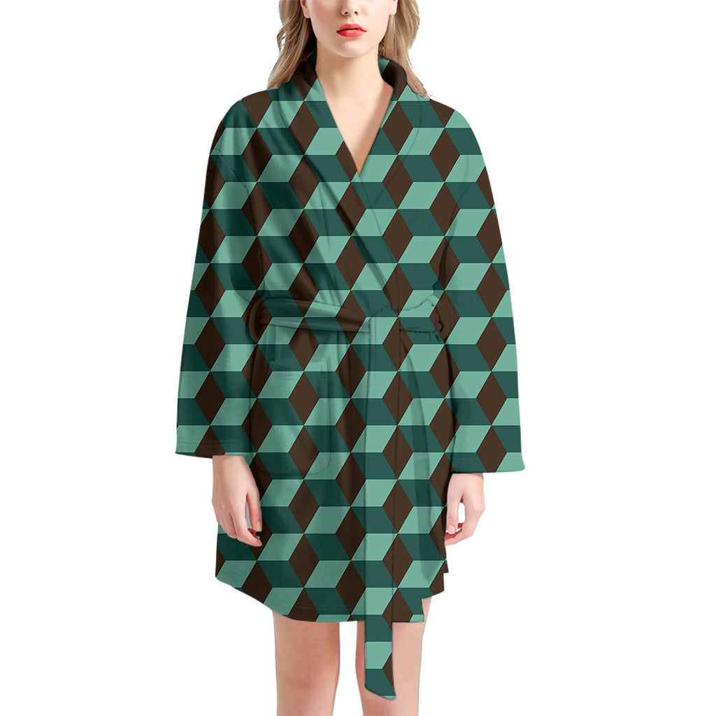 Dark Green Geometric Cube Pattern Print Women's Bathrobe