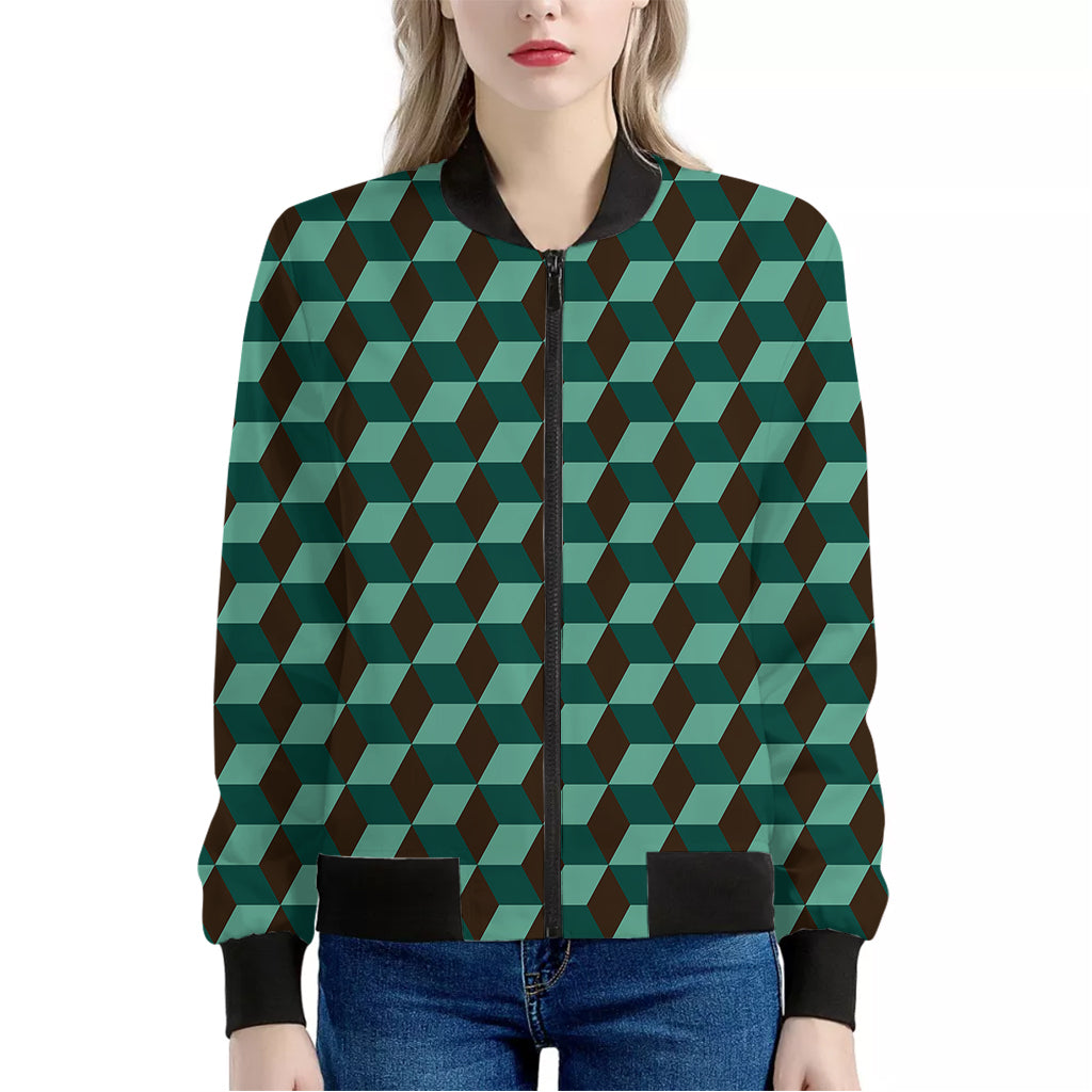 Dark Green Geometric Cube Pattern Print Women's Bomber Jacket