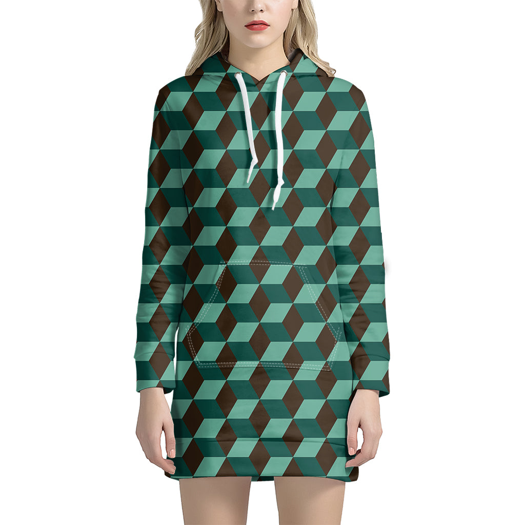 Dark Green Geometric Cube Pattern Print Women's Pullover Hoodie Dress