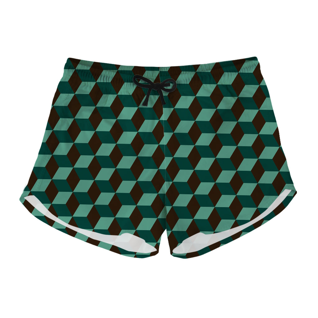 Dark Green Geometric Cube Pattern Print Women's Shorts