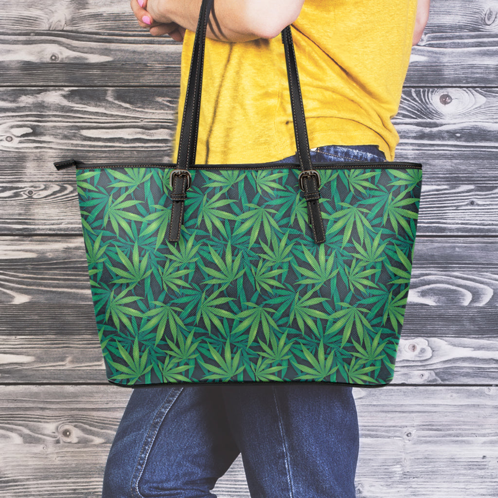 Dark Green Hemp Pattern Print Leather Tote Bag