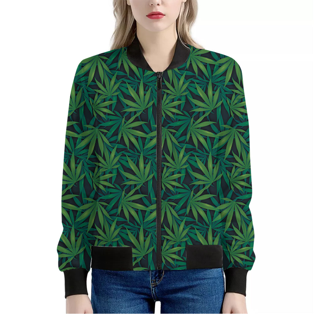 Dark Green Hemp Pattern Print Women's Bomber Jacket