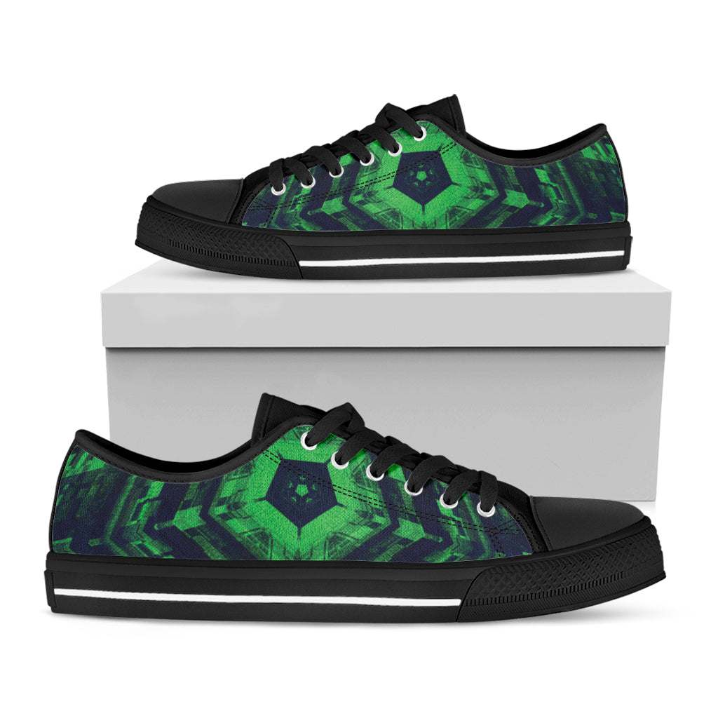 Dark Green Kaleidoscope Print Black Low Top Shoes