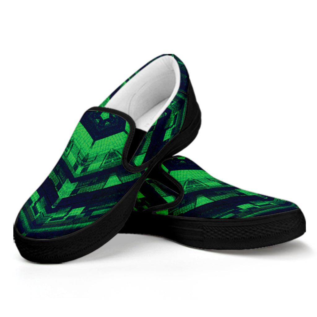 Dark Green Kaleidoscope Print Black Slip On Shoes